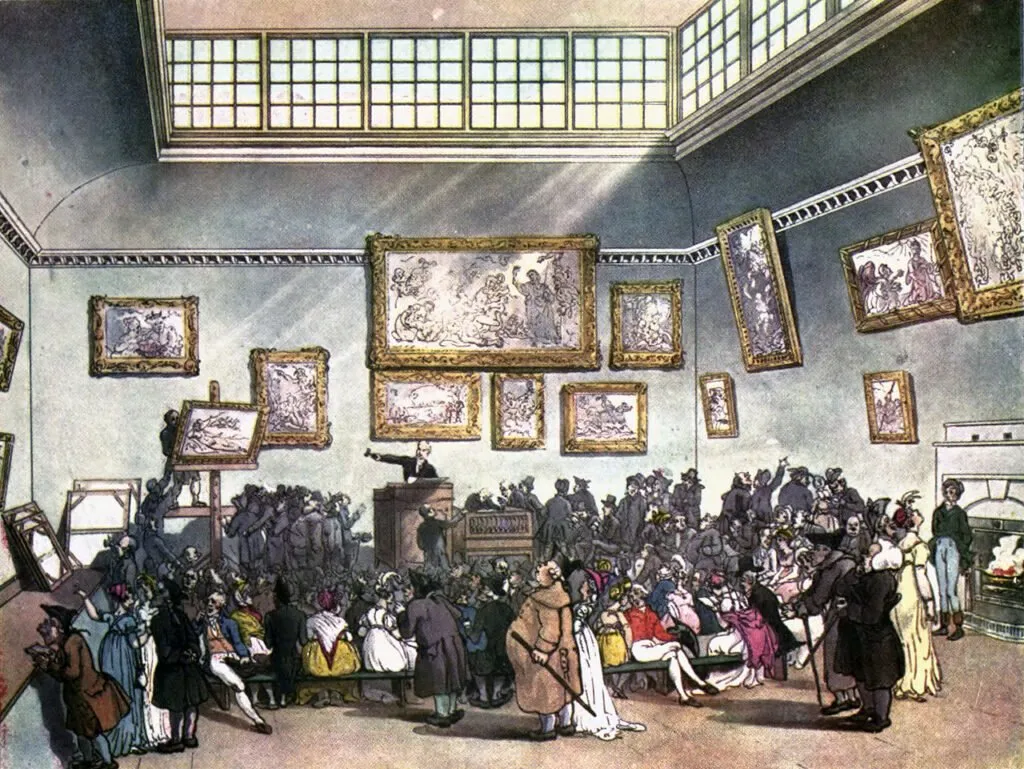 A color plate image of Christie’s Auction House in London, from 1808.