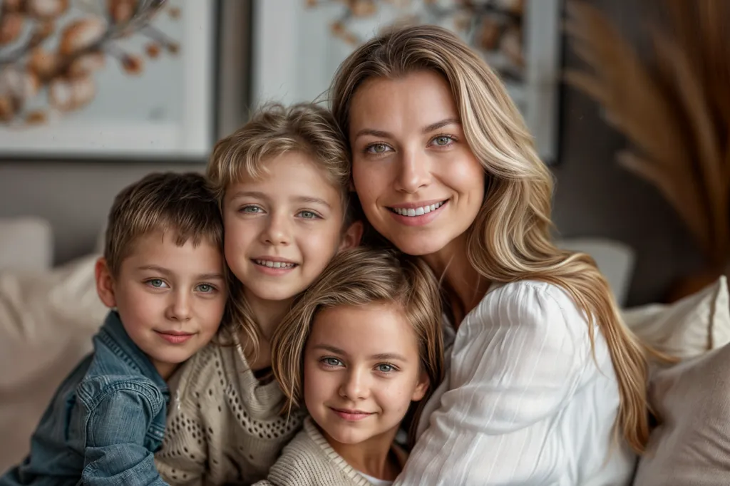 A mom and three young children
