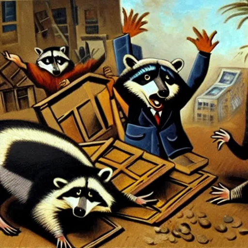 raccoon businessmen panicking in dusty city experiencing a bear market